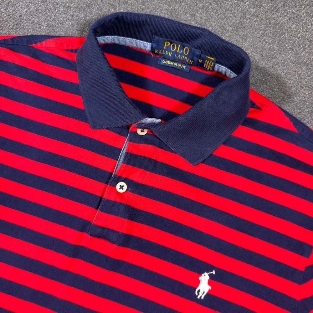 Polo Ralph Lauren Polo Shirt Mens M Red Navy Blue Striped Custom Slim Fit Short